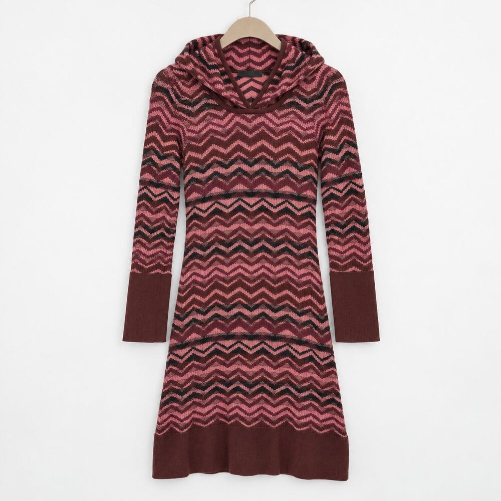 prAna Chevron Knit Hooded Sweater Dress Meryl Small Pink Burgundy Cozy Outdoor